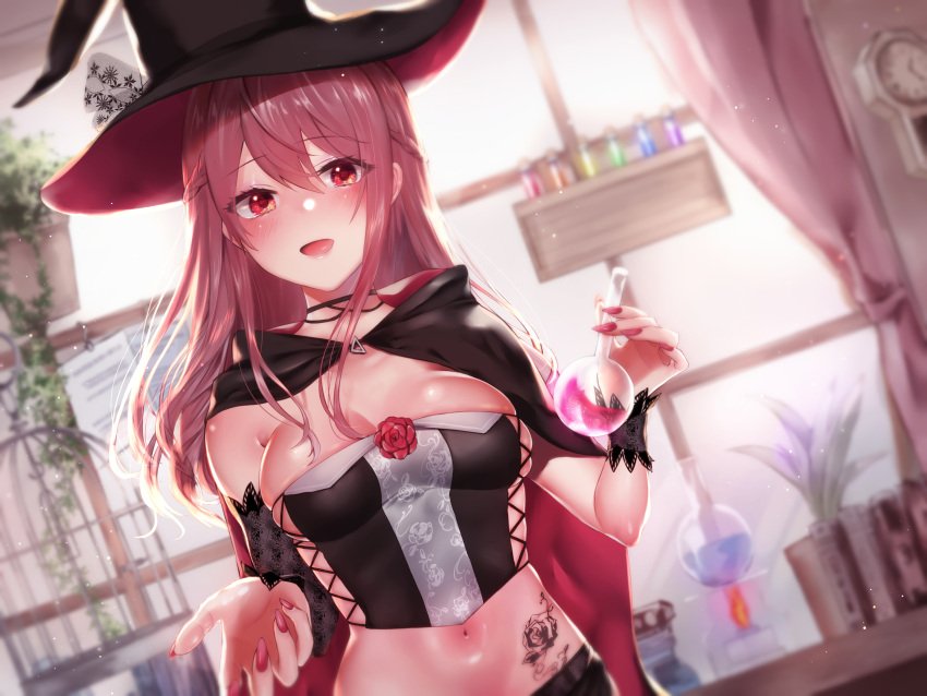 1girl :d absurdres bangs blurry blurry_background blush breasts bustier cape choker crop_top day detached_sleeves dutch_angle flask hat highres holding holding_flask indoors light_particles long_hair looking_at_viewer medium_breasts midriff navel open_mouth original potion red_eyes redhead sakiryo_kanna sidelocks skindentation smile solo stomach tattoo upper_body window witch witch_hat