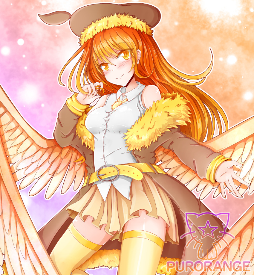 1girl absurdres breasts gachaworld hat highres jacket lunime orange_eyes orange_hair phoenix_ami pur_orange smile wings