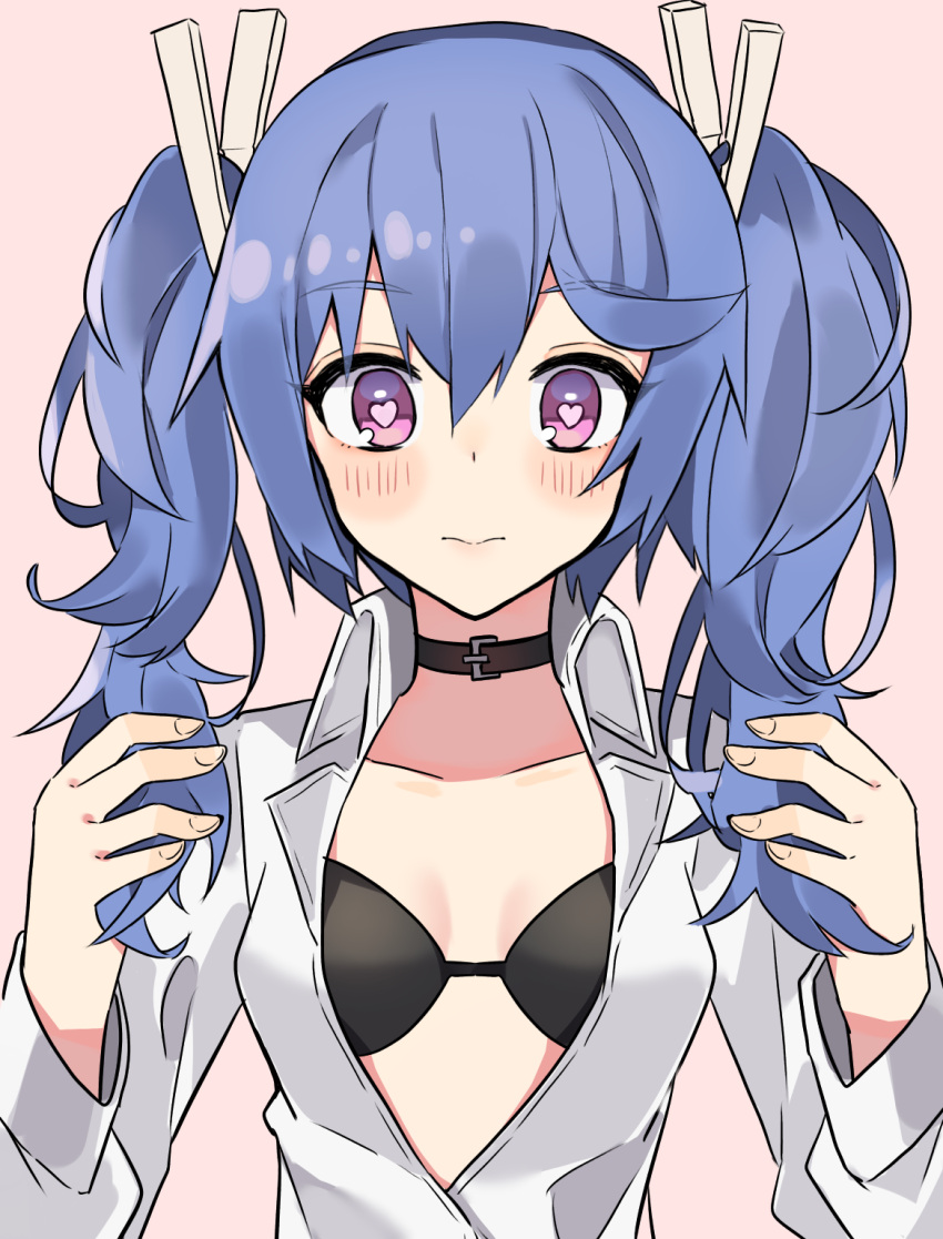 1girl alternate_hairstyle aogisa bangs bikini bikini_under_clothes black_bikini blue_hair breasts closed_mouth collarbone collared_shirt eyebrows_visible_through_hair girls_frontline hair_between_eyes hair_ornament heart heart-shaped_pupils highres k11_(girls_frontline) leather_choker long_hair long_sleeves medium_breasts messy_hair open_clothes shirt sidelocks solo swimsuit swimsuit_under_clothes symbol-shaped_pupils twintails upper_body violet_eyes white_shirt