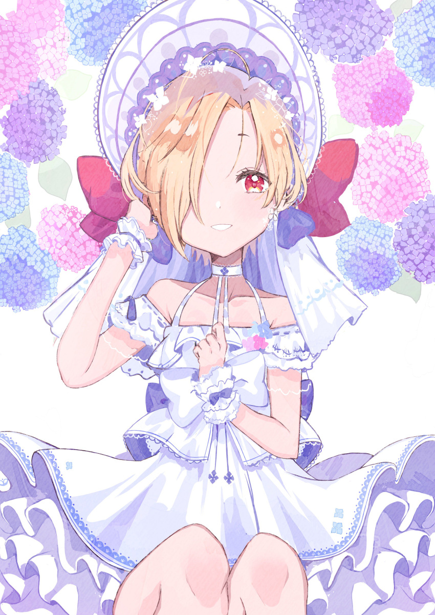 1girl absurdres ahoge asymmetrical_hair bare_shoulders blonde_hair blue_bow bow choker commentary dress earrings floral_background flower_earrings fumita_(humita322) hair_over_one_eye hat hat_bow highres idolmaster idolmaster_cinderella_girls jewelry lace lace_choker looking_at_viewer red_bow red_eyes shirasaka_koume short_eyebrows short_hair sitting smile solo white_background white_bow white_choker white_dress wrist_cuffs