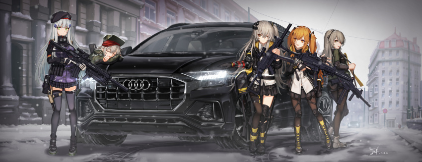 404_(girls_frontline) 5girls assault_rifle asymmetrical_legwear audi audi_q8 baek_hyang bangs beret black_legwear black_skirt blunt_bangs blush boots breasts brown_eyes brown_hair car city cityscape cross-laced_footwear crossed_bangs dated eyebrows_visible_through_hair facial_mark fingerless_gloves full_body g11_(girls_frontline) girls_frontline gloves green_eyes grey_hair ground_vehicle gun h&amp;k_g11 h&amp;k_hk416 h&amp;k_ump h&amp;k_ump40 h&amp;k_ump45 h&amp;k_ump9 hair_between_eyes hair_ornament hairclip hat headgear heckler_&amp;_koch highres hk416_(girls_frontline) holding holding_gun holding_weapon hood hood_down hooded_jacket jacket large_breasts leaning_against_vehicle long_hair looking_at_viewer mechanical_arm medium_breasts military_jacket mod3_(girls_frontline) motor_vehicle multiple_girls one-eyed one_side_up open_clothes open_mouth outdoors pantyhose plaid plaid_skirt pleated_skirt ribbon rifle road scar scar_across_eye scarf shirt shoes shorts siblings signature silver_hair sisters skirt smile sneakers snow snowing solo street submachine_gun teardrop thigh-highs trigger_discipline twintails ump40_(girls_frontline) ump45_(girls_frontline) ump9_(girls_frontline) untucked_shirt very_long_hair weapon white_shirt yellow_eyes
