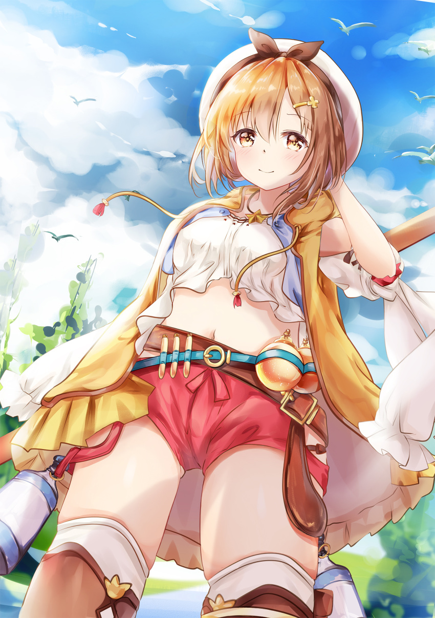 1girl absurdres animal ass_visible_through_thighs atelier_(series) atelier_ryza bangs bare_shoulders belt belt_buckle beret bird blue_belt blue_sky blush breasts brown_belt brown_eyes brown_hair buckle closed_mouth clouds cloudy_sky commentary_request day drawstring dutch_angle eyebrows_visible_through_hair hair_between_eyes hair_ornament hairclip hand_behind_head hat highres hood hood_down hooded_jacket jacket medium_breasts midriff mutang navel open_clothes open_jacket outdoors red_shorts reisalin_stout round-bottom_flask shirt short_shorts shorts sky sleeveless_jacket smile solo thigh-highs vial white_headwear white_legwear white_shirt yellow_jacket