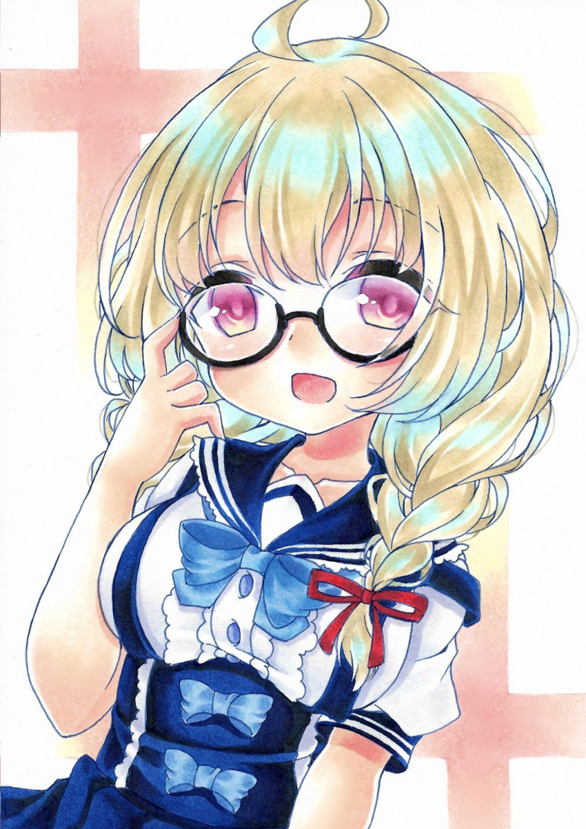 1girl :d absurdres ahoge bangs black-framed_eyewear blue_bow blue_sailor_collar blue_skirt blush bow braid breasts brown_background collarbone commentary_request eyebrows_visible_through_hair glasses hair_between_eyes hair_over_shoulder hair_ribbon hand_up high-waist_skirt highres light_brown_hair long_hair looking_at_viewer low_twintails marker_(medium) medium_breasts mirai_(happy-floral) open_mouth original puffy_short_sleeves puffy_sleeves red_ribbon ribbon sailor_collar school_uniform semi-rimless_eyewear serafuku shirt short_sleeves skirt smile solo traditional_media twin_braids twintails two-tone_background under-rim_eyewear upper_body violet_eyes white_background white_shirt