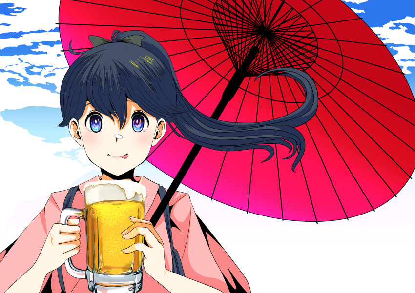 1girl alcohol beer beer_mug black_hair blue_eyes blue_sky clouds commentary_request high_ponytail highres houshou_(kantai_collection) japanese_clothes kantai_collection kimono long_hair looking_at_viewer oriental_umbrella pako_(pousse-cafe) pink_kimono red_umbrella sky solo tasuki tongue tongue_out umbrella upper_body