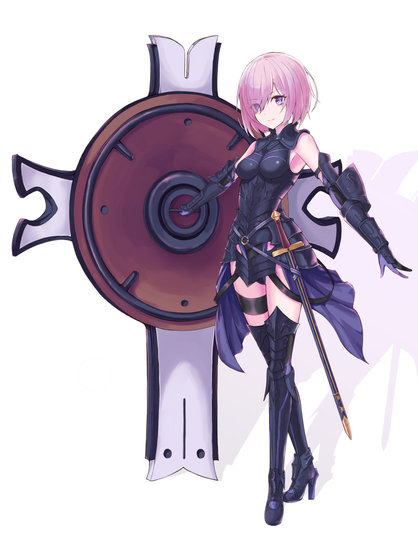 1girl absurdres armor armored_dress bare_shoulders black_dress black_legwear blush breasts commentary_request dress eyebrows_visible_through_hair eyes_visible_through_hair fate/grand_order fate_(series) full_body gloves hair_over_one_eye highres holding_shield lavender_hair looking_at_viewer mash_kyrielight medium_breasts merryj purple_hair shield short_hair simple_background solo standing sword violet_eyes weapon white_background