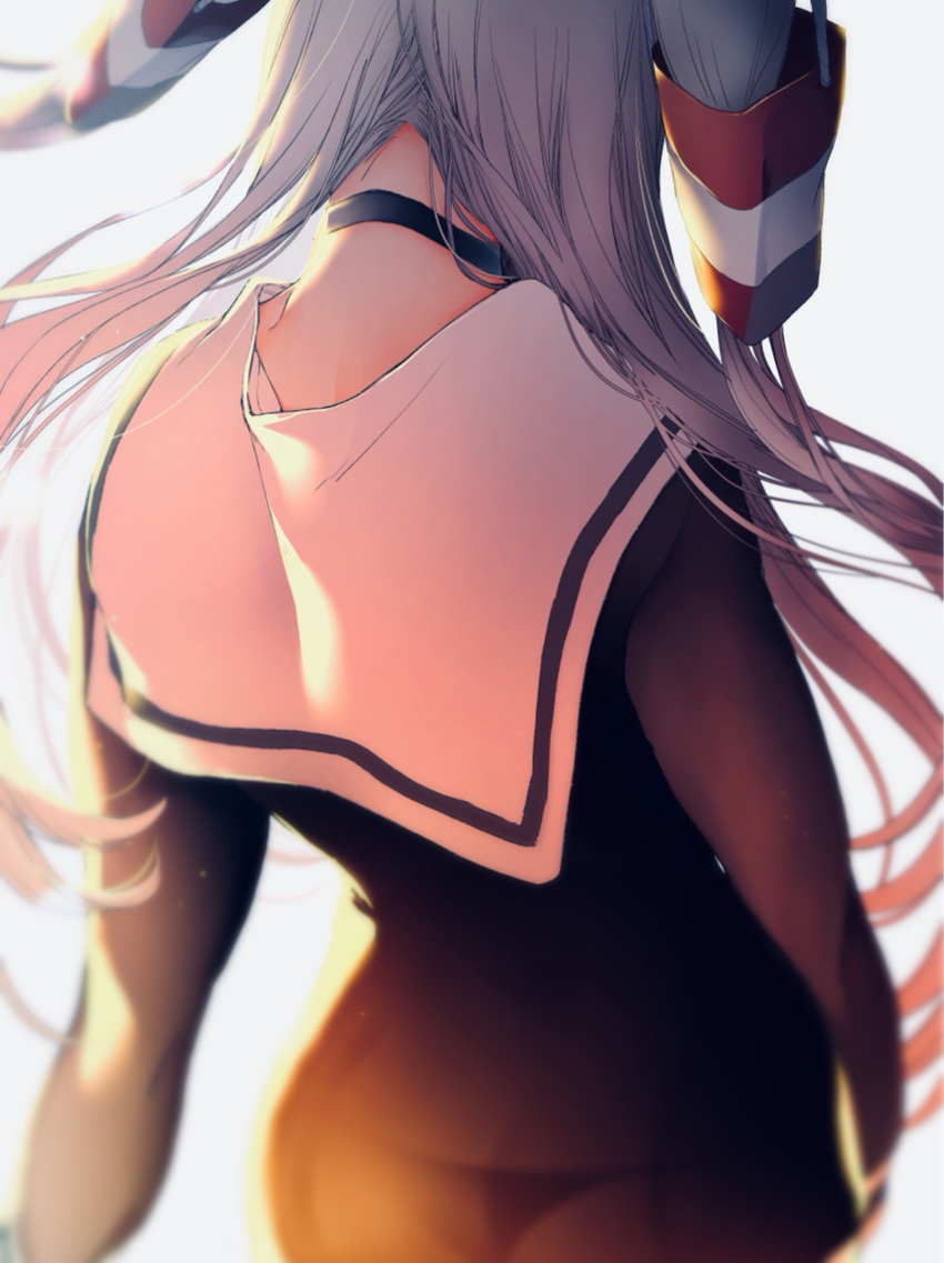 1girl amatsukaze_(kantai_collection) ass black_panties brown_dress commentary dress from_behind garter_straps hair_tubes highres irokiiro kantai_collection long_hair long_sleeves nape neck panties sailor_collar sailor_dress see-through side-tie_panties silver_hair simple_background solo striped twintails two_side_up underwear white_background windsock