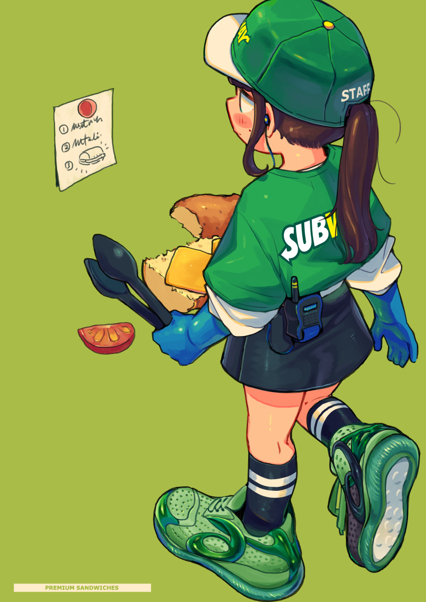 1girl absurdres baseball_cap black_legwear black_skirt blush bread brown_hair cheese earphones earphones employee_uniform english_text fast_food fast_food_uniform food gloves green_background green_eyes green_footwear green_shirt hat highres holding kneehighs more_e_4km original pencil_skirt ponytail sandwich shiny shiny_hair shirt shoes sidelocks simple_background skirt sleeves_rolled_up sneakers solo subway_(company) tomato uniform walkie-talkie