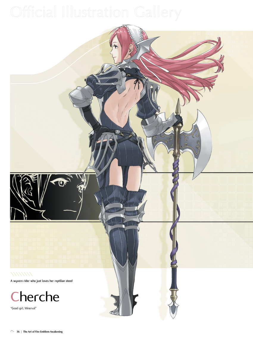 1girl absurdres armor axe back_cutout backless_outfit bare_back blue_dress blue_legwear boots character_name dress fire_emblem fire_emblem:_kakusei full_body gauntlets hairband hand_on_hip highres kozaki_yuusuke long_hair maid_headdress official_art page_number red_eyes redhead serge_(fire_emblem) short_dress simple_background smile thigh-highs thigh_boots thigh_cutout weapon