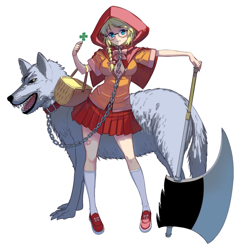 1girl animal axe bangs basket blonde_hair blue_eyes bow braid breasts breasts_apart capelet chain clover collar eyebrows_visible_through_hair four-leaf_clover full_body highres hood hood_up hooded_capelet little_red_riding_hood little_red_riding_hood_(grimm) looking_at_viewer masao medium_breasts original partially_unzipped pink_bow pleated_skirt red_capelet red_hood red_skirt rimless_eyewear round_eyewear skirt solo standing white_background wolf zipper