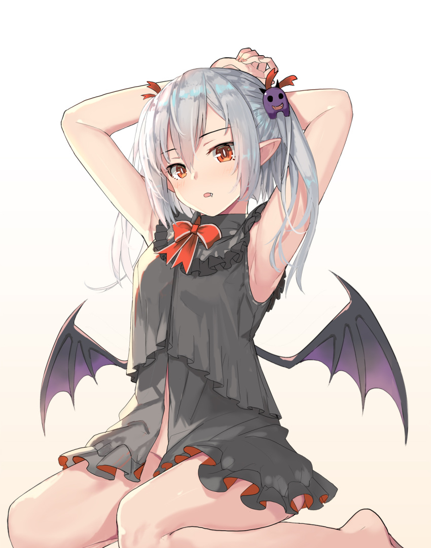 1girl :o armpits arms_behind_head arms_up bare_arms bare_legs bare_shoulders barefoot belly_peek black_dress bow bowtie commentary_request demon_wings do2mi_doreimi dress fang frills hair_ornament highres long_hair looking_at_viewer no_panties orange_eyes original parted_lips pointy_ears red_neckwear sidelocks silver_hair sitting sleeveless sleeveless_dress slit_pupils solo thighs twintails virtual_youtuber wing_collar wings