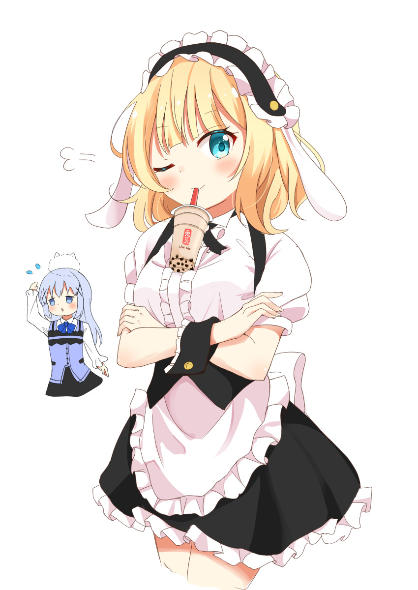 2girls absurdres animal_ears apron arm_up black_hairband black_skirt blonde_hair blue_bow blue_eyes blue_hair blue_vest blush bow breast_padding bubble_tea bubble_tea_challenge center_frills closed_mouth collared_shirt commentary_request cowboy_shot cropped_torso crossed_arms cup disposable_cup dotted_line drinking_straw fleur_de_lapin_uniform floppy_ears flying_sweatdrops frilled_apron frilled_hairband frilled_skirt frills gochuumon_wa_usagi_desu_ka? hair_ornament hairband highres kafuu_chino kirima_sharo kousaka_nobaku long_hair multiple_girls one_eye_closed puffy_short_sleeves puffy_sleeves rabbit_ears rabbit_house_uniform shirt short_sleeves simple_background skirt tippy_(gochiusa) uniform vest waist_apron waitress white_apron white_background white_shirt wrist_cuffs x_hair_ornament