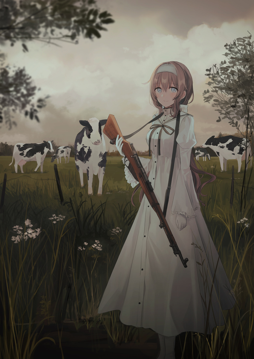 1girl animal bangs blue_eyes blush breasts brown_hair chihuri closed_mouth clouds cloudy_sky commentary_request cow day dress eyebrows_visible_through_hair feet_out_of_frame field flower gloves gun hair_between_eyes hairband highres holding holding_gun holding_weapon juliet_sleeves long_hair long_sleeves medium_breasts original outdoors overcast pantyhose puffy_sleeves sky smile solo standing tree very_long_hair weapon weapon_request white_dress white_flower white_gloves white_hairband white_legwear wide_sleeves