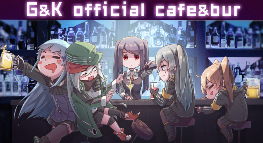 404_(girls_frontline) 5girls a_bao alcohol armband bar bartender beer beer_mug blue_hair blush_stickers bottle brown_hair chinese_commentary closed_eyes cocktail_glass commentary_request crossover crying cup drinking_glass drunk english_text engrish_text eyebrows_visible_through_hair fingerless_gloves g11_(girls_frontline) girls_frontline glass glass_bottle gloves highres hk416_(girls_frontline) hood hooded_jacket jacket jill_stingray multiple_girls neon_lights purple_hair ranguage red_eyes scar scar_across_eye siblings side_ponytail silver_hair sisters spilling sweatdrop twins twintails ump45_(girls_frontline) ump9_(girls_frontline) va-11_hall-a wine_bottle