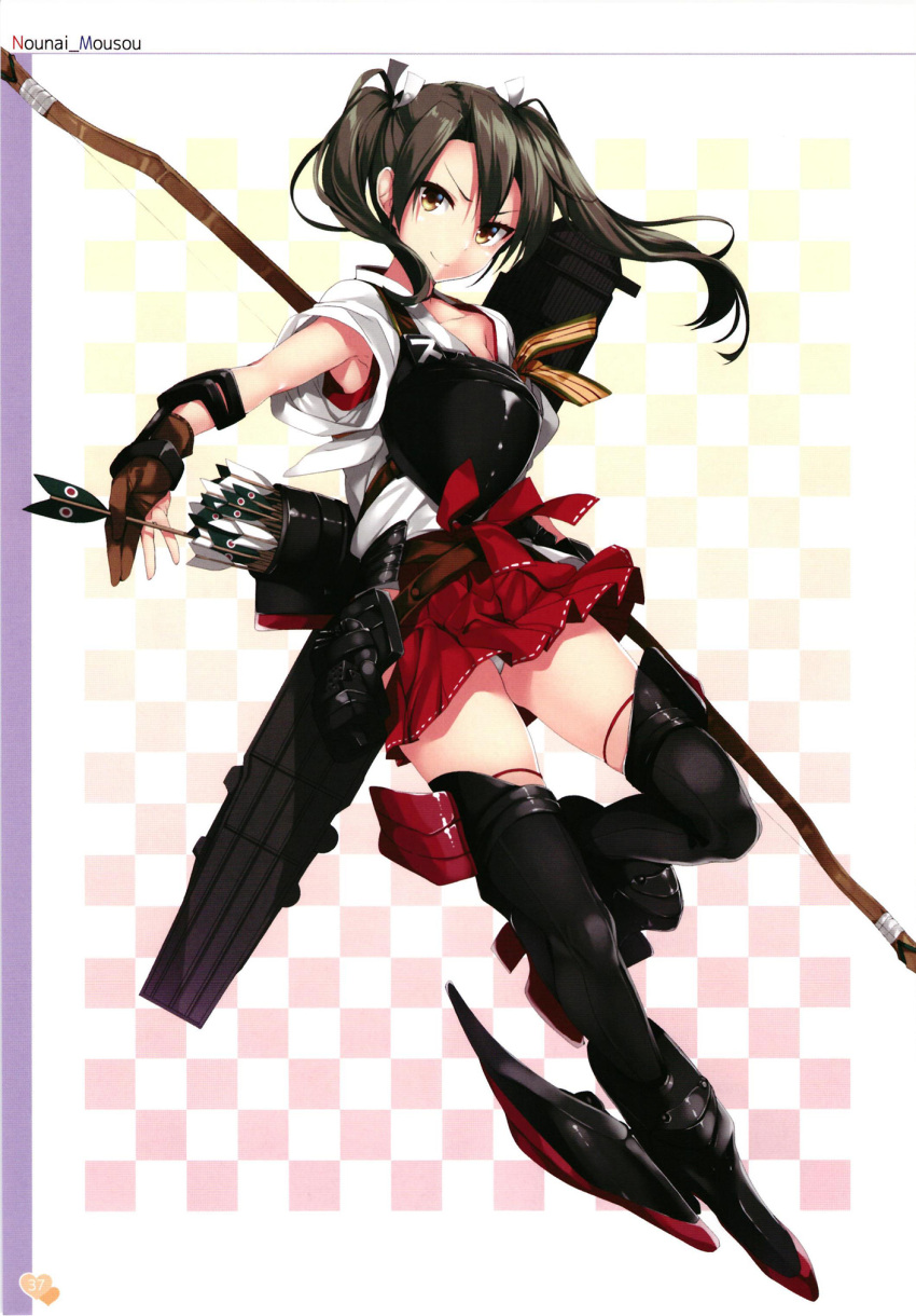 1girl armor arrow bangs boots bow_(weapon) brown_eyes brown_hair checkered checkered_background closed_mouth collarbone full_body gintarou_(kurousagi108) gloves gradient gradient_background hakama hakama_skirt highres holding holding_bow_(weapon) holding_weapon japanese_clothes kantai_collection leg_up long_hair looking_at_viewer muneate page_number panties partly_fingerless_gloves quiver red_hakama scan shiny shiny_hair short_sleeves simple_background smile solo thigh-highs thigh_boots twintails underwear v-shaped_eyebrows weapon yugake zettai_ryouiki zuikaku_(kantai_collection)