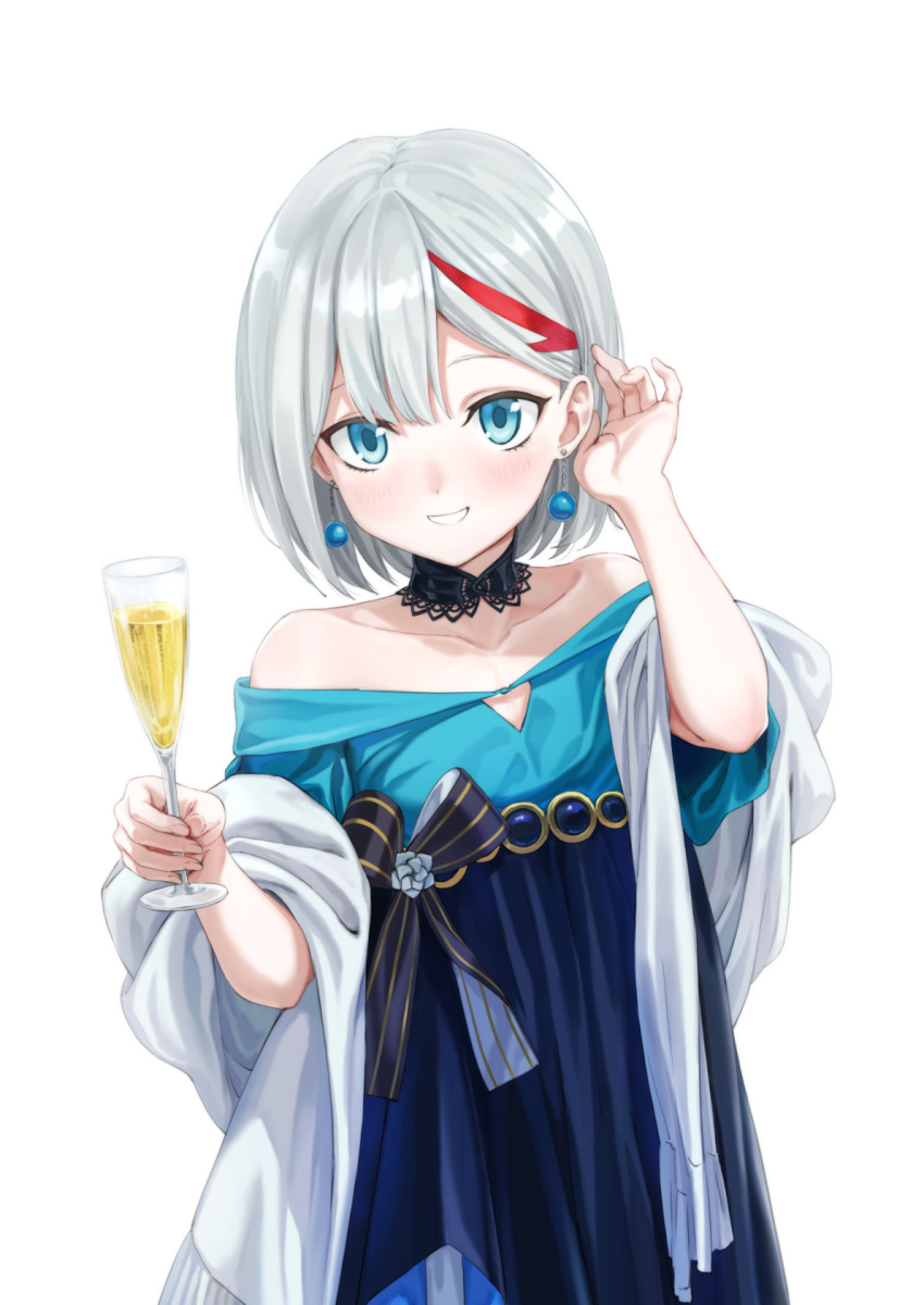 1girl admiral_graf_spee_(azur_lane) alcohol azur_lane bangs blue_eyes blunt_bangs blush breasts champagne champagne_flute choker cup dress drinking_glass earrings formal highres jewelry looking_at_viewer multicolored_hair redhead shawl short_hair sidelocks silver_hair small_breasts smile solo streaked_hair tuchinokoeffect