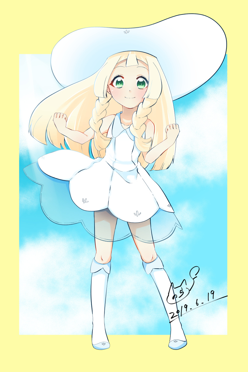 1girl absurdres blonde_hair dress green_eyes highres huge_filesize lillie_(pokemon) pokemon pokemon_(game) pokemon_sm sundress white_dress white_headwear