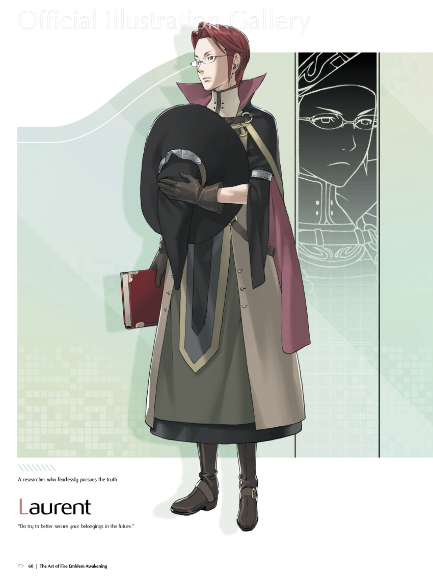 1boy absurdres bangs book boots cape character_name closed_mouth fire_emblem fire_emblem:_kakusei full_body glasses gloves hat highres holding kozaki_yuusuke laurent male_focus official_art page_number parted_bangs quill red_eyes redhead robe solo standing turtleneck wizard_hat