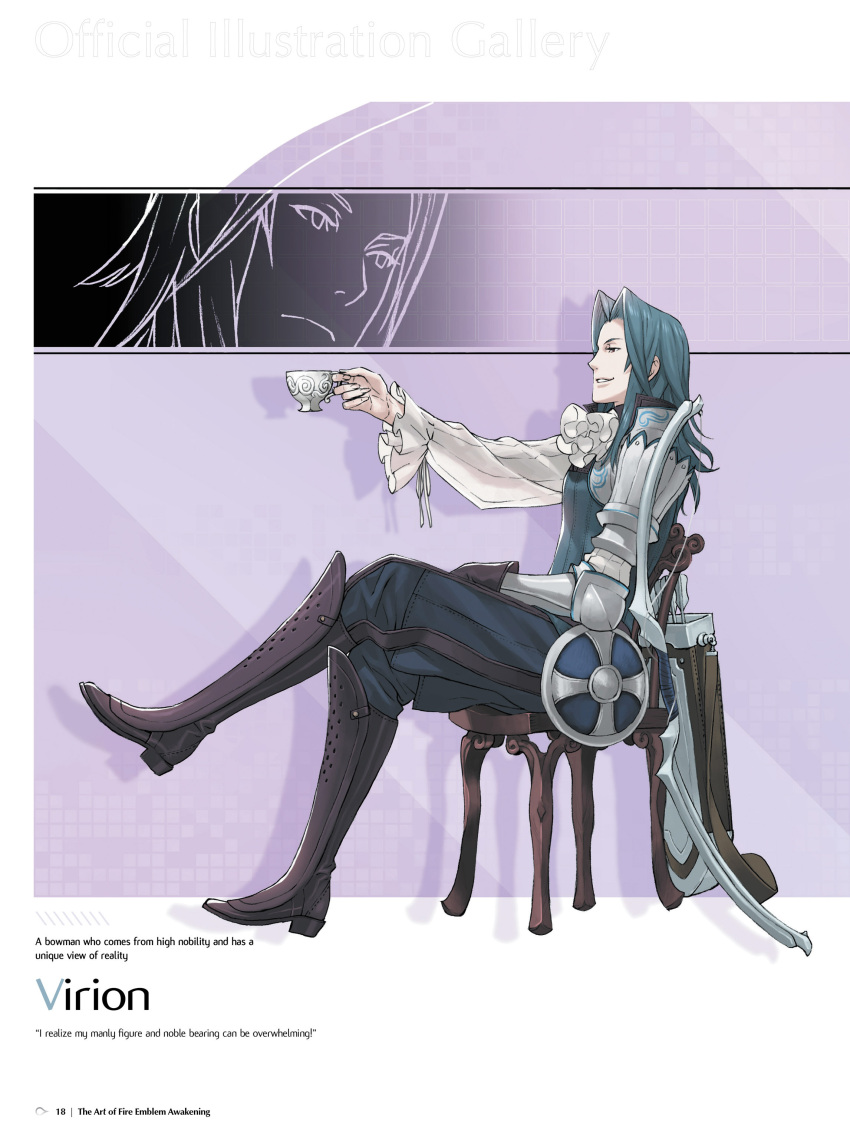1boy absurdres armor arrow ascot bangs blue_hair boots bow_(weapon) brown_eyes chair character_name crossed_legs cup detached_sleeves fire_emblem fire_emblem:_kakusei full_body gloves highres holding kozaki_yuusuke long_hair long_sleeves male_focus medium_hair official_art page_number pants parted_bangs parted_lips quiver shiny shiny_hair simple_background sitting smile solo teacup viole_(fire_emblem) weapon