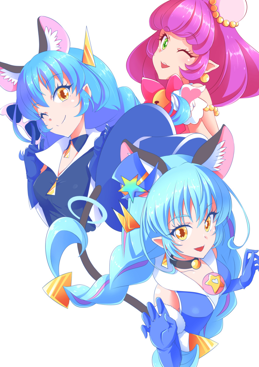1girl ;) animal_ear_fluff animal_ears bell black_choker blue_cat blue_gloves blue_hair blue_headwear brooch cat_ears choker cure_cosmo elbow_gloves eyebrows_visible_through_hair eyewear_removed gloves green_eyes hat headwear_removed highres jewelry long_hair looking_at_viewer magical_girl mao_(precure) mini_hat one_eye_closed open_mouth pink_hair pointy_ears precure shiruppo short_hair smile star star_twinkle_precure sunglasses twintails yellow_eyes yuni_(precure)