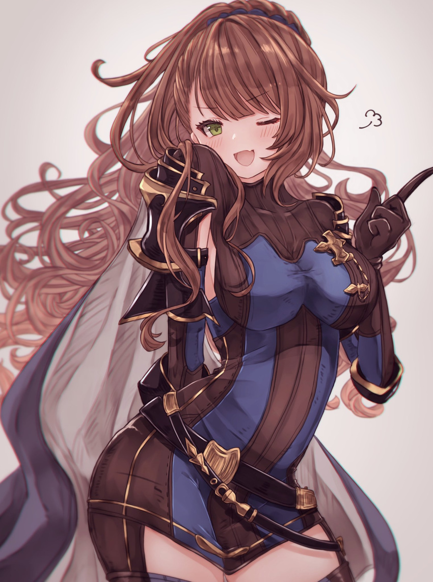 1girl ;d arm_behind_back armor armpit_cutout asymmetrical_bangs bangs beatrix_(granblue_fantasy) belt blue_dress blue_scrunchie blurry breasts brown_hair cape contrapposto depth_of_field doyagao dress elbow_pads fang gauntlets granblue_fantasy highres large_breasts long_hair one_eye_closed open_mouth pointing pointing_up ponytail rice_tea scrunchie shoulder_armor simple_background skin_tight smile smug solo spaulders swept_bangs tsurime turtleneck very_long_hair wavy_hair