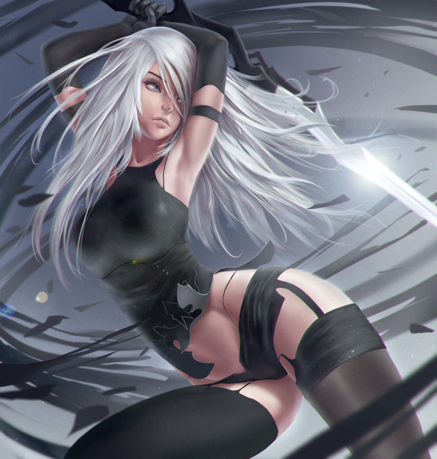 1girl android arms_up black_legwear blue_eyes boots commentary feathers garter_straps highres joints long_hair looking_away nier_(series) nier_automata silver_hair solo sword thigh-highs thigh_boots torn_clothes uruka_18 weapon yorha_type_a_no._2