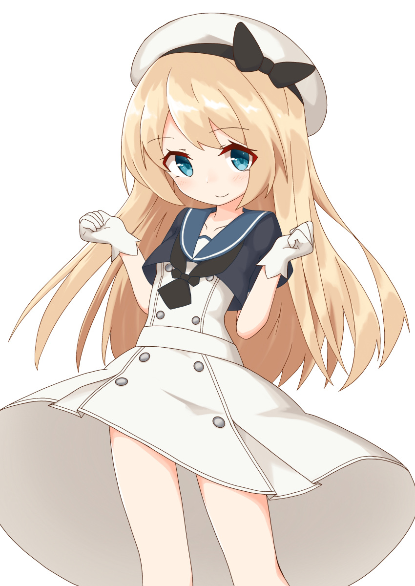 1girl absurdres blonde_hair blue_eyes blue_sailor_collar blush closed_mouth dress eyebrows_visible_through_hair gloves hair_between_eyes hat highres ichi jervis_(kantai_collection) kantai_collection long_hair looking_at_viewer sailor_collar sailor_dress sailor_hat short_sleeves simple_background smile solo white_background white_dress white_gloves white_headwear wind wind_lift