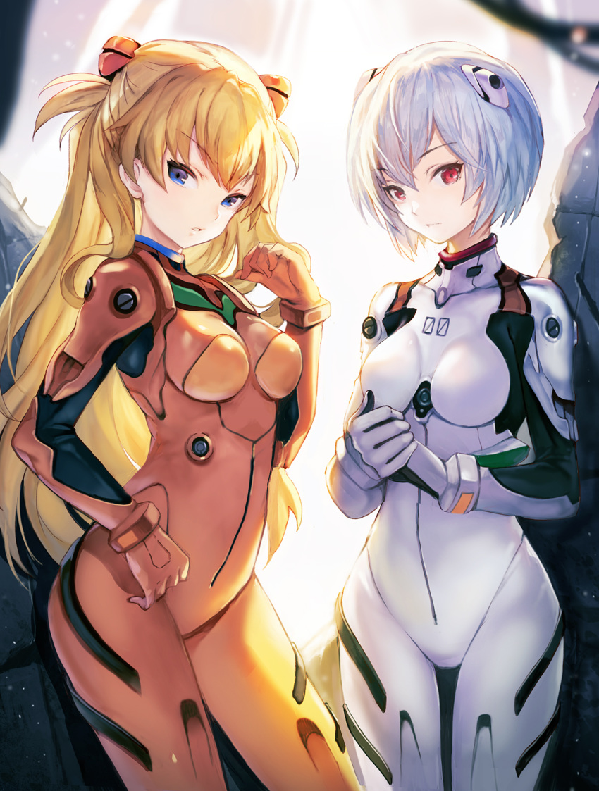 2girls ayanami_rei blue_eyes blue_hair blush bodysuit breasts hair_between_eyes headgear highres looking_at_viewer medium_breasts multiple_girls neon_genesis_evangelion orange_hair pilot_suit plugsuit red_bodysuit red_eyes short_hair sibyl skin_tight souryuu_asuka_langley turtleneck white_bodysuit