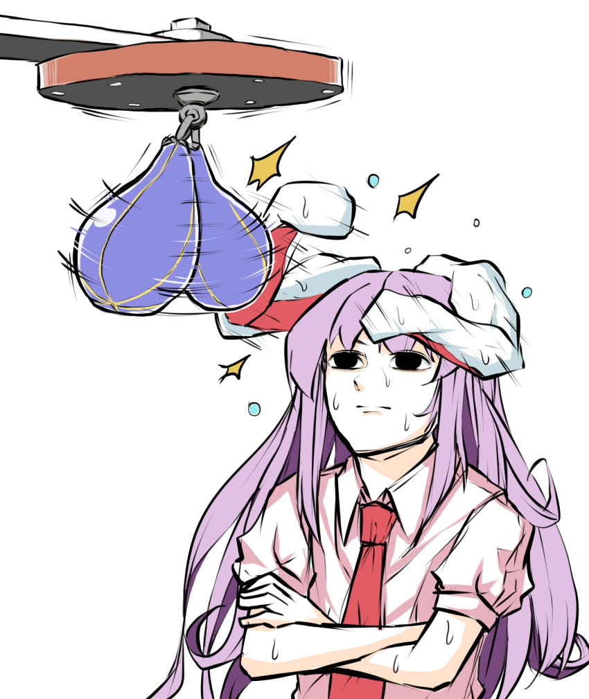 1girl animal_ears black_eyes closed_mouth commentary crossed_arms highres long_hair necktie peroponesosu. prehensile_ears punching_bag purple_hair rabbit_ears red_neckwear reisen_udongein_inaba shirt short_sleeves sketch solo sweat touhou what white_background white_shirt