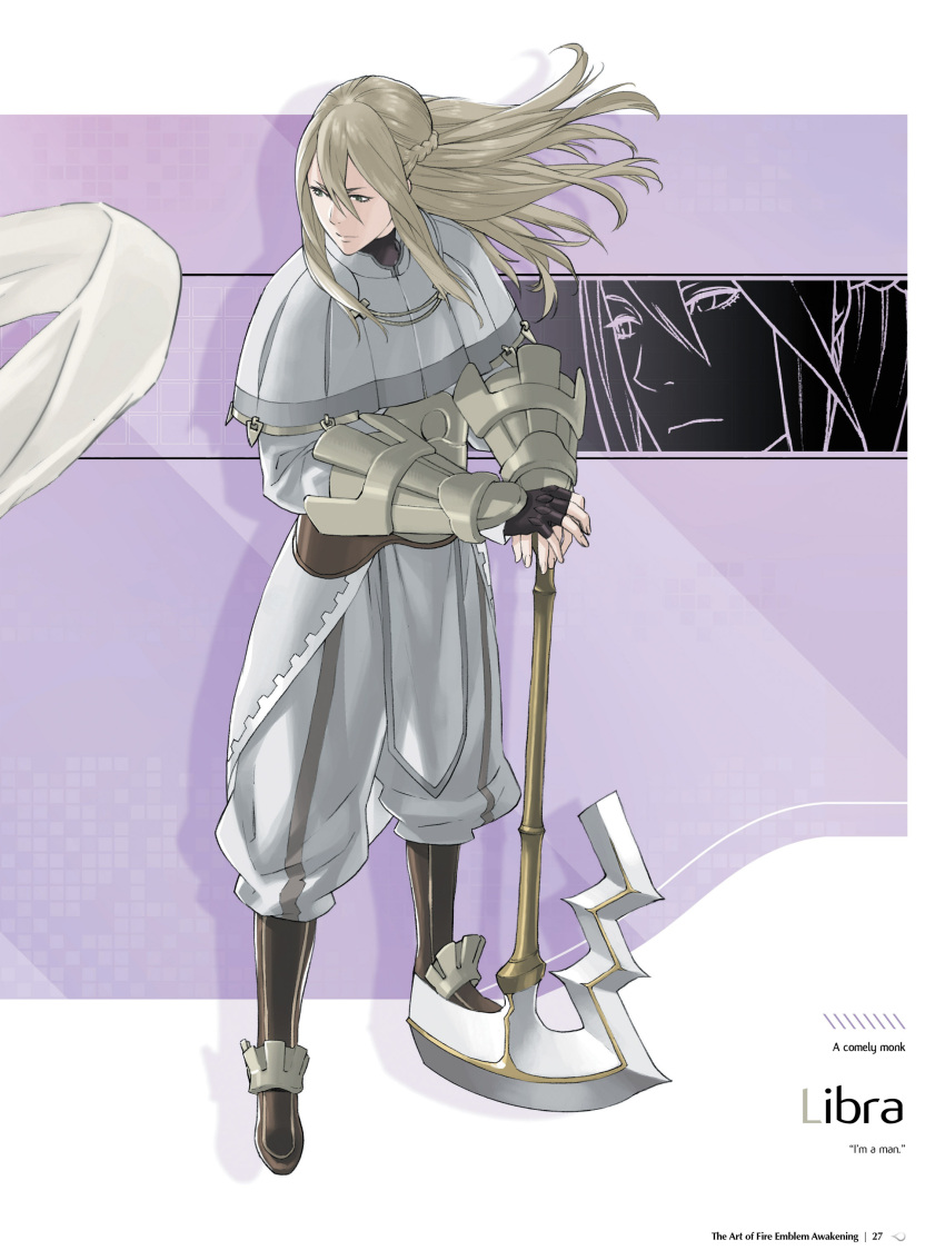 1boy absurdres armor axe bangs battle_axe blonde_hair boots character_name closed_mouth fire_emblem fire_emblem:_kakusei full_body gloves highres kozaki_yuusuke long_hair long_sleeves male_focus official_art page_number pants pelvic_curtain riviera_(fire_emblem) sidelocks solo standing vambraces weapon