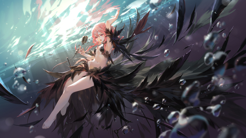 1girl air_bubble arm_up bangs bare_legs barefoot black_feathers blurry blurry_foreground breasts broken bubble commentary_request day depth_of_field feather_trim guilty_crown hair_between_eyes highres jofang long_hair microphone navel outdoors pink_hair red_eyes small_breasts solo underwater yuzuriha_inori