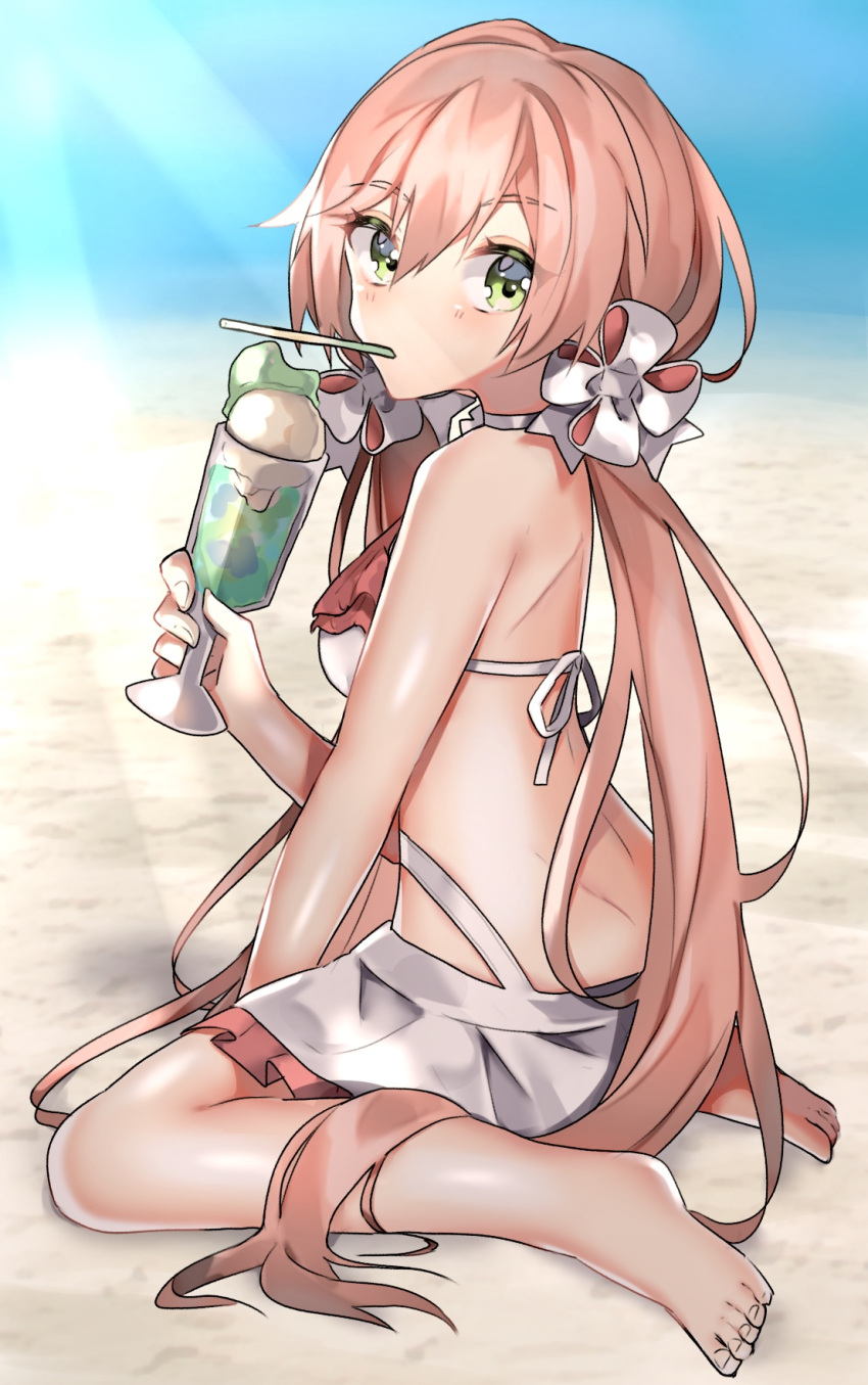 1girl alternate_costume aogisa bangs beach bikini bikini_skirt breasts carcano_m1891_(girls_frontline) commentary_request cup day drink drinking_straw eyebrows_visible_through_hair food frilled_bikini frills girls_frontline green_eyes hair_ribbon highres ice_cream ice_cream_float long_hair looking_at_viewer looking_back medium_breasts melon_soda mouth_hold ocean outdoors pink_hair ribbon sand sitting solo swimsuit twintails wariza white_bikini white_ribbon