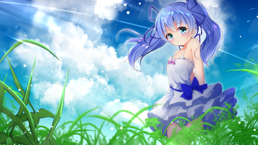 1girl arms_behind_back bangs bare_shoulders blue_bow blue_eyes blue_hair blue_ribbon blue_sky blurry blurry_foreground blush bow closed_mouth clouds cloudy_sky commentary_request day depth_of_field dress eyebrows_visible_through_hair frilled_dress frills grass hair_between_eyes hair_ribbon highres long_hair nijisanji outdoors pink_bow ribbon sky sleeveless sleeveless_dress smile solo standing twintails virtual_youtuber white_dress ymd_(holudoun) yuuki_chihiro