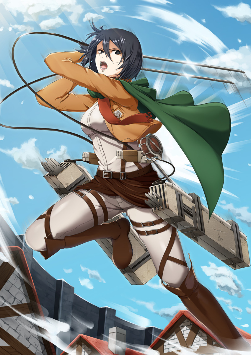 1girl black_eyes black_hair blue_sky boots breasts cape clouds coat cropped_jacket green_cape highres house impossible_clothes impossible_shirt lens_flare medium_breasts mikasa_ackerman motion_lines pants red_scarf scarf shingeki_no_kyojin shirt sky solo stock-world three-dimensional_maneuver_gear wall