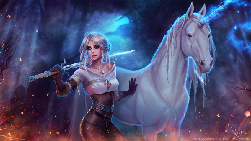 1girl ciri forest freckles gloves green_eyes highres horn horse jewelry lips long_hair looking_at_viewer makeup nature necklace night olga_narhova scar short_hair silver_hair sword the_witcher the_witcher_3 unicorn weapon white_hair