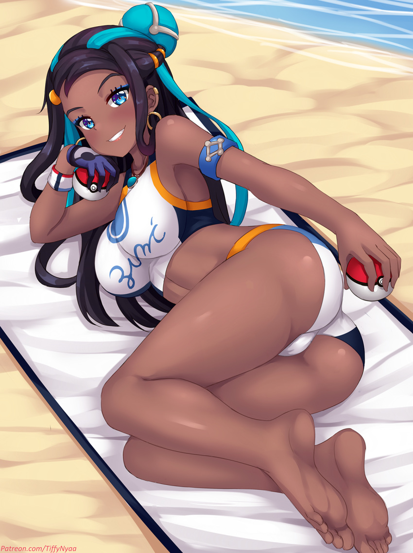 1girl armpits ass bare_legs bare_shoulders barefoot beach bikini black_hair blue_eyes blue_hair breasts commentary dark_skin day english_commentary fast-runner-2024 forehead gloves grin hair_ornament highres holding holding_poke_ball large_breasts long_hair looking_at_viewer lying multicolored_hair on_side outdoors poke_ball poke_ball_(generic) pokemon pokemon_(game) pokemon_swsh purple_gloves rurina_(pokemon) sand single_glove smile soles solo swimsuit tankini two-tone_hair very_long_hair water watermark web_address white_bikini wristband