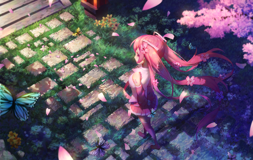 1girl absurdres arms_behind_back bare_shoulders black_hair boots bug butterfly cherry_blossoms detached_sleeves dutch_angle from_above hatsune_miku highres insect long_hair necktie pekakiu pink_eyes pink_hair pink_neckwear sakura_miku skirt solo stairs stone_walkway thigh-highs thigh_boots twintails vocaloid