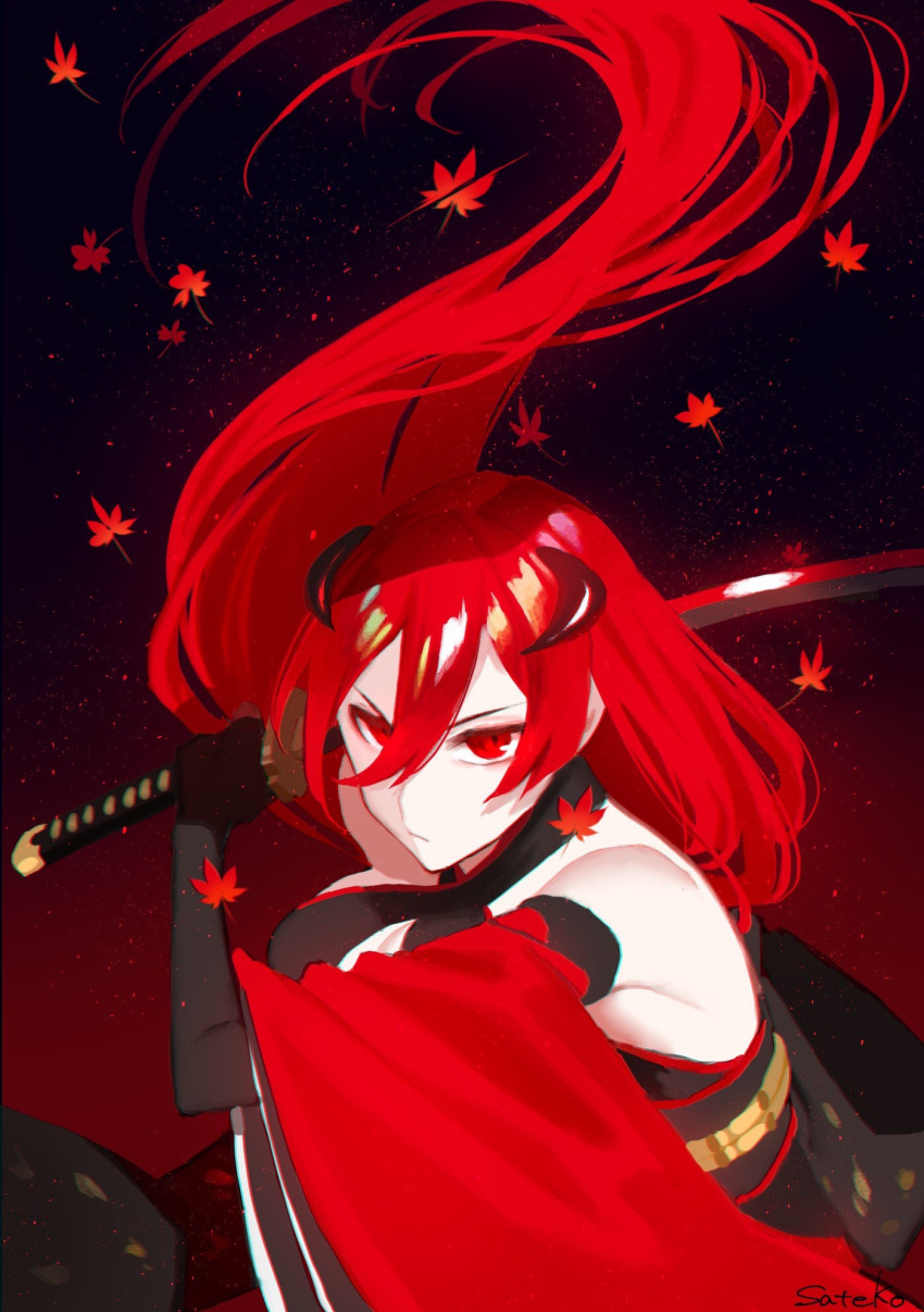 1girl artist_name black_gloves breasts cape closed_mouth commentary elbow_gloves floating_hair gloves highres holding holding_sword holding_weapon horns katana leaf long_hair maple_leaf original red_cape red_eyes redhead satellite12 simple_background sleeveless solo swing sword very_long_hair weapon