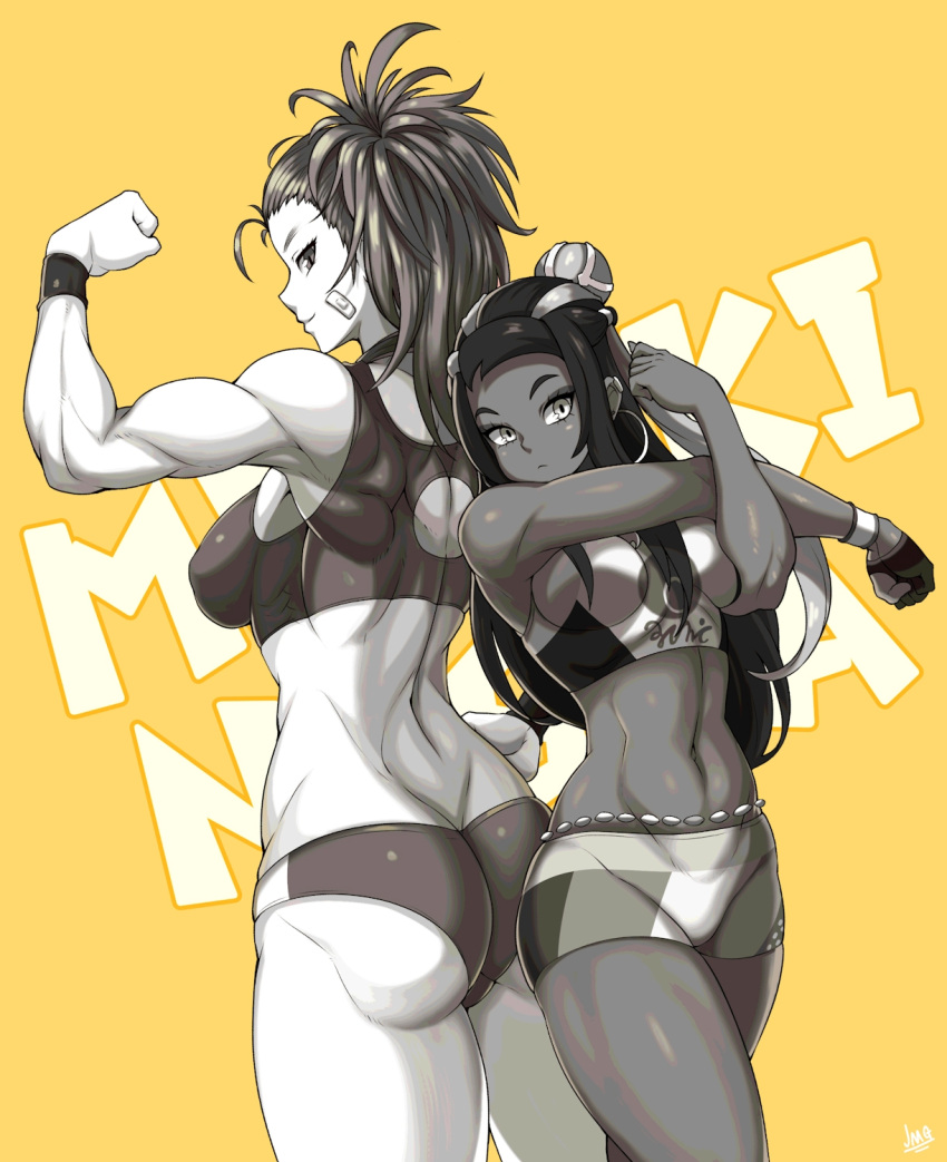 2girls ass backboob bandaid bandaid_on_face bare_shoulders beads breasts buruma captain_mizuki character_name cowboy_shot crossover dark_skin earrings flexing gloves greyscale hair_ornament highres hoop_earrings jewelry jmg medium_breasts midriff monochrome multiple_girls muscle muscular_female navel one-punch_man pokemon pokemon_(game) pokemon_swsh ponytail pose rurina_(pokemon) short_shorts shorts simple_background single_glove stretch wristband yellow_background