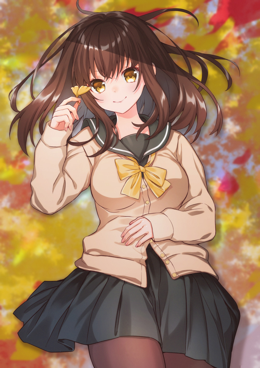 1girl akariko bangs black_skirt bow bowtie breasts brown_cardigan brown_hair brown_legwear buttons closed_mouth commentary_request fingernails from_above hair_between_eyes hand_on_own_stomach head_tilt highres holding holding_leaf leaf long_hair long_sleeves looking_at_viewer lying medium_breasts on_back original pantyhose pleated_skirt school_uniform serafuku shade shiny shiny_hair sidelocks skirt smile solo yellow_bow yellow_eyes yellow_neckwear