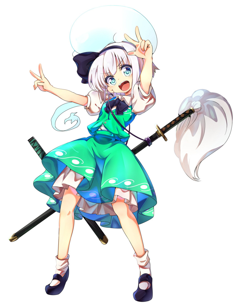 aqua_eyes baba_(baba_seimaijo) black_bow black_hairband black_neckwear bow bowtie collared_shirt commentary_request double_v full_body green_skirt green_vest hairband highres hitodama katana konpaku_youmu looking_at_viewer mary_janes medium_hair ootachi open_mouth puffy_short_sleeves puffy_sleeves sheath sheathed shirt shoes short_sleeves silver_hair skirt socks sword touhou underskirt v vest wakizashi weapon white_background white_legwear white_shirt