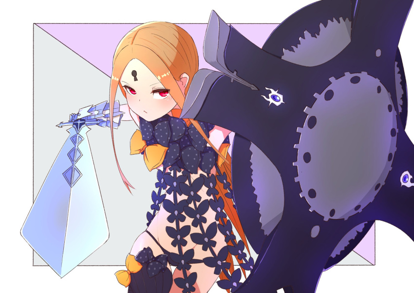 1girl :&lt; abigail_williams_(fate/grand_order) blonde_hair blush fate/grand_order fate_(series) forehead gauntlets highres holding holding_shield holding_sword holding_weapon keyhole kopaka_(karda_nui) long_hair looking_at_viewer panties purple_nails purple_panties shield single_thighhigh solo sword thigh-highs underwear violet_eyes weapon