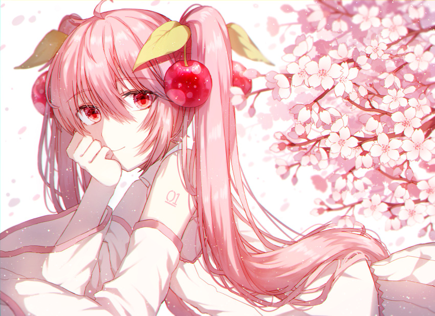 1girl bare_shoulders branch cherry cherry_blossoms cherry_hair_ornament commentary deep_(deep4946) detached_sleeves falling_petals flower food food_themed_hair_ornament fruit hair_ornament hand_on_own_cheek hatsune_miku head_rest highres long_hair looking_at_viewer lying necktie on_stomach petals pink_eyes pink_hair sakura_miku shirt shoulder_tattoo skirt sleeveless sleeveless_shirt smile solo tattoo twintails very_long_hair vocaloid white_background white_shirt white_skirt white_sleeves