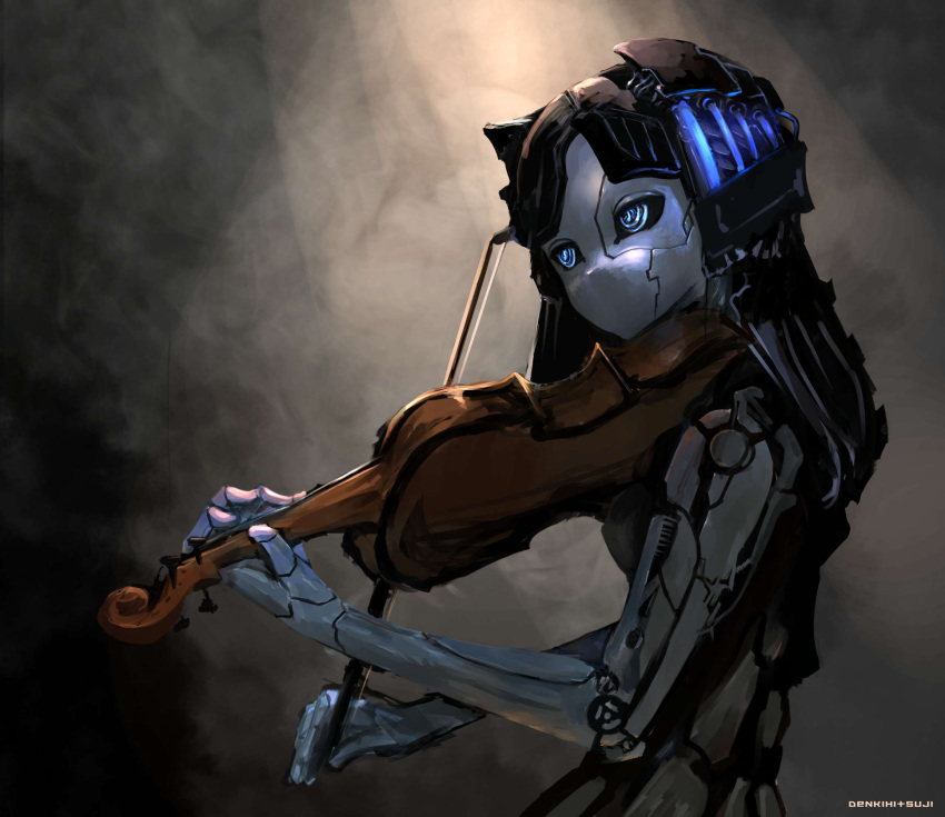 1girl android blue_eyes glowing glowing_eyes highres instrument light_rays looking_away mecha_musume mechanical_arm metallic_skin music no_mouth original playing_instrument robot sunbeam sunlight user_urmt5588 violin