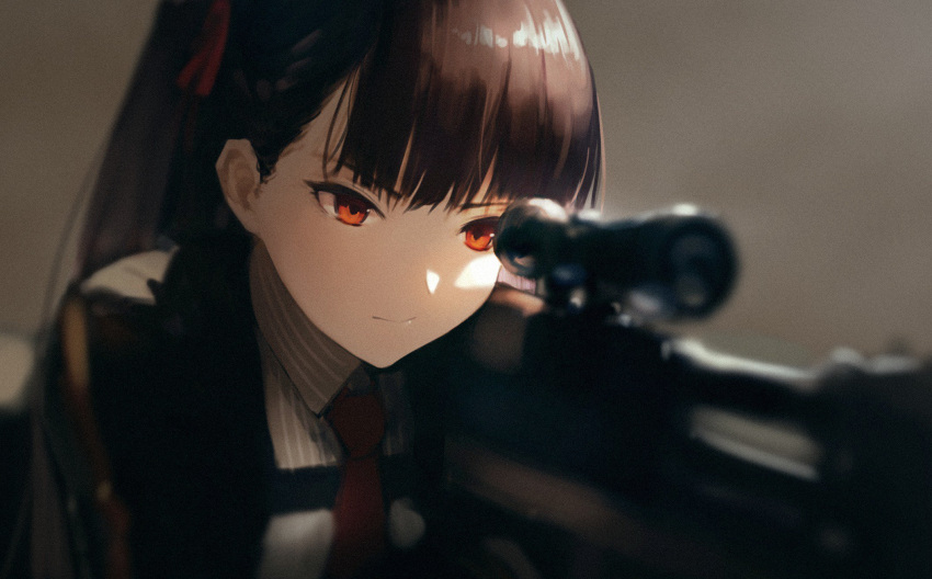 1girl aiming bangs black_jacket blazer breasts bullpup collared_shirt eyebrows_visible_through_hair framed_breasts girls_frontline gloves gun hair_ribbon half_updo hara_shoutarou highres holding holding_gun holding_weapon jacket large_breasts long_hair lying necktie on_stomach one_side_up purple_hair red_eyes red_neckwear ribbon rifle shirt simple_background sniper_rifle solo very_long_hair wa2000_(girls_frontline) walther walther_wa_2000 weapon