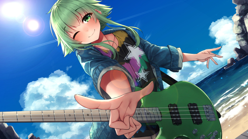1girl ;) absurdres beach blue_sky clouds cloudy_sky commentary day denim denim_jacket dutch_angle electric_guitar foreshortening green_eyes green_hair guitar gumi highres index_finger_raised instrument lens_flare looking_at_viewer ocean one_eye_closed outdoors outstretched_arm rerrere rock sand shirt short_hair_with_long_locks sidelocks sky smile solo star star_print sun t-shirt upper_body vocaloid waves