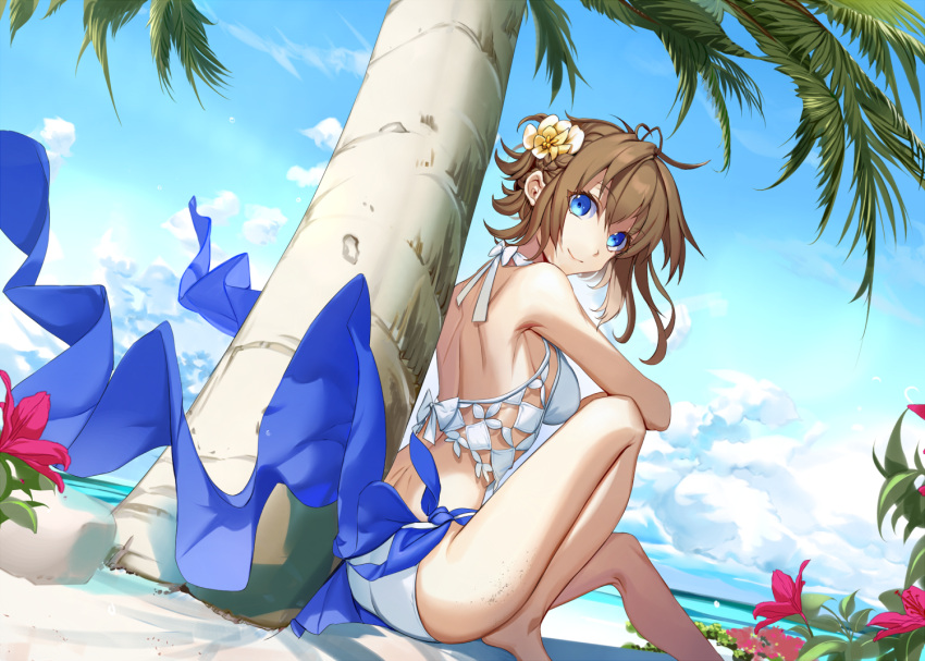 1girl against_tree barefoot beach bikini blue_eyes blue_sky bow breasts brown_hair closed_mouth clouds day ddaomphyo eyebrows_visible_through_hair floating_hair flower hair_between_eyes hair_flower hair_ornament halterneck long_hair looking_at_viewer medium_breasts original outdoors palm_tree pareo_(bang_dream!) red_flower sarong side-tie_bikini sideboob sitting sky smile solo swimsuit tree white_bikini white_bow yellow_flower