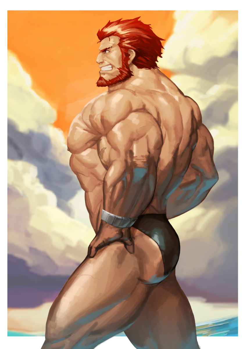 1boy absurdres ass bara beach beard bracelet chest clouds cloudy_sky facial_hair fate/grand_order fate_(series) hand_on_hip highres jewelry looking_to_the_side male_focus male_swimwear muscle pectorals red_eyes redhead rider_(fate/zero) simple_background sky smile solo standing swim_briefs swimsuit swimwear teeth thighs traver009