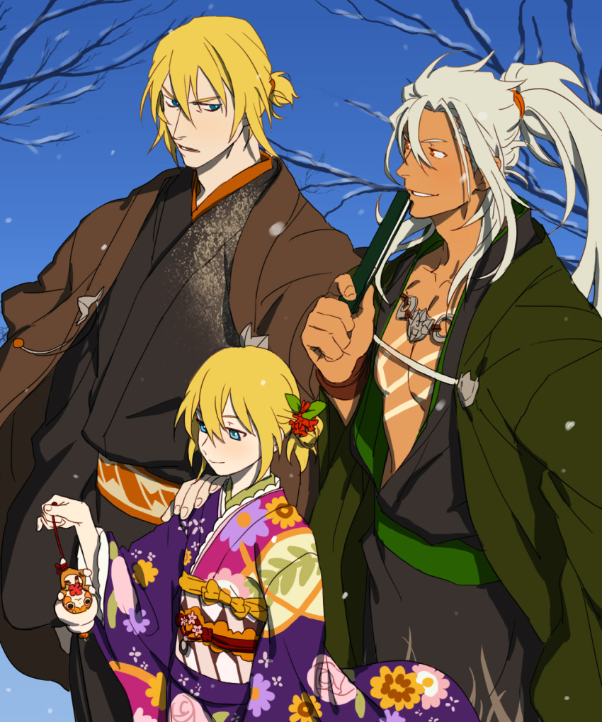 1girl 2boys black_kimono blonde_hair blue_eyes blue_sky brother_and_sister closed_fan collarbone dark_skin day edna_(tales) eizen_(tales) eye_contact fan flower folding_fan grin hair_between_eyes hair_flower hair_ornament hand_on_another's_shoulder haori highres holding holding_fan japanese_clothes kimono long_hair long_sleeves looking_at_another multiple_boys open_mouth orange_eyes outdoors ponytail purple_kimono red_flower short_hair siblings silver_hair sky smile snowing tales_of_(series) tales_of_berseria tales_of_zestiria tattoo wide_sleeves yarr yukata zaveid_(tales)