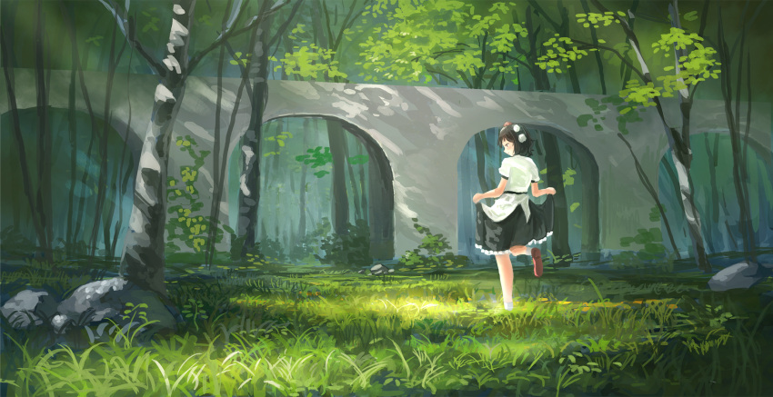 1girl black_hair black_skirt blurry bridge day depth_of_field fjsmu forest from_behind grass hat head_tilt highres looking_down looking_to_the_side nature no_lineart outdoors pom_pom_(clothes) puffy_short_sleeves puffy_sleeves red_footwear rock shameimaru_aya shirt short_hair short_sleeves skirt skirt_lift solo standing standing_on_one_leg tokin_hat touhou untucked_shirt white_legwear white_shirt wide_shot