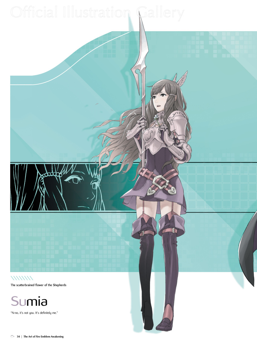 1girl absurdres armor bangs belt boots breastplate brown_eyes brown_hair character_name dress fire_emblem fire_emblem:_kakusei flower full_body garter_straps gauntlets hair_ornament highres holding kozaki_yuusuke long_hair official_art open_mouth page_number polearm shiny shiny_hair short_dress shoulder_armor simple_background skirt solo spear standing sumia thigh-highs thigh_boots weapon